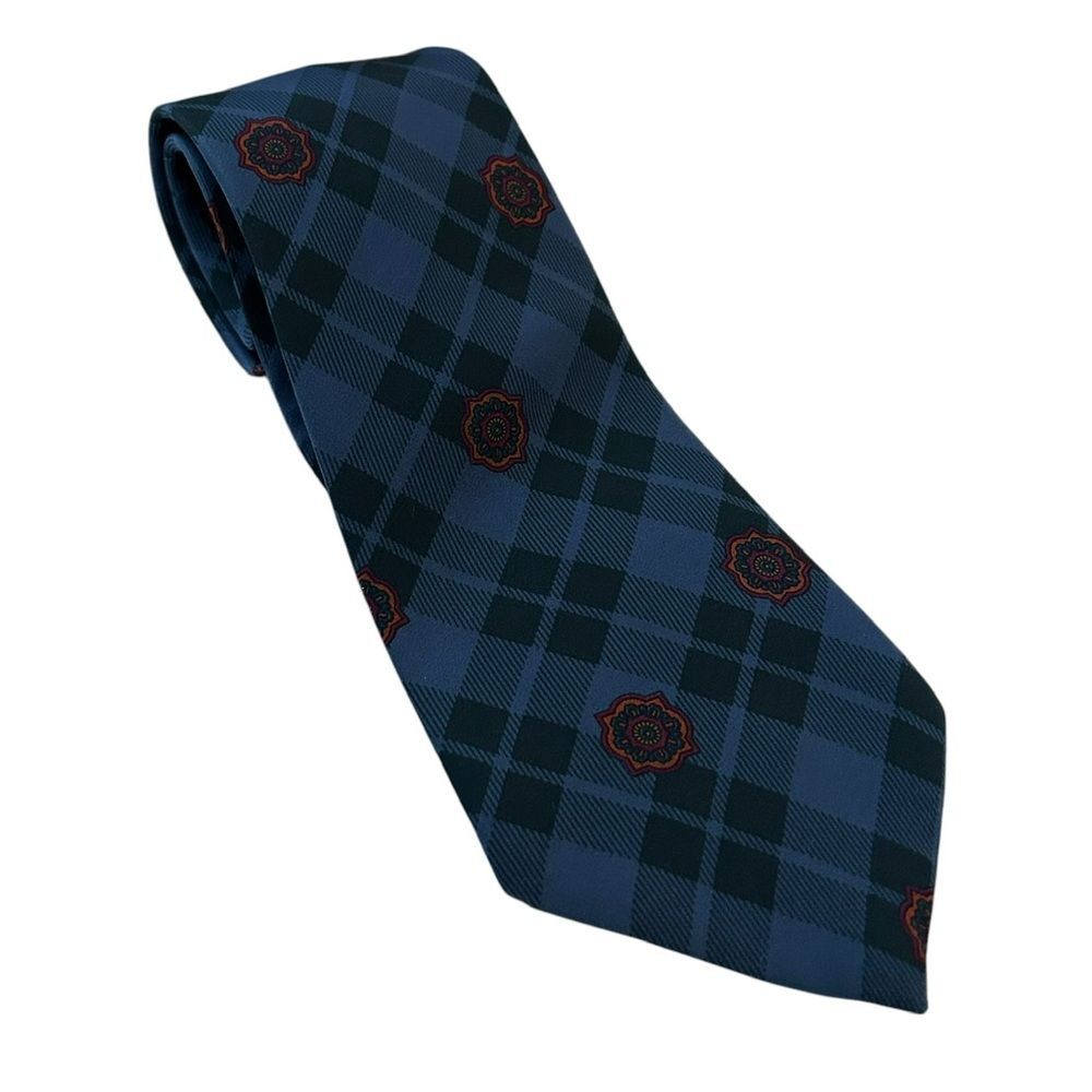 Chloe Men’s Tartan Plaid Neck Tie Blue Black 100% Silk Preppy Old Money Academia
